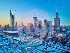 WARSAW, POLAND - JANUARY 31, 2021: Beautiful panoramic aerial drone view on Warsaw City Skyscrapers, PKiN, and Varso Tower under photo