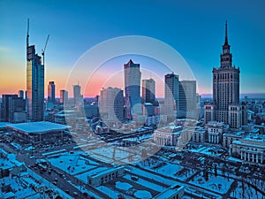 WARSAW, POLAND - JANUARY 31, 2021: Beautiful panoramic aerial drone view on Warsaw City Skyscrapers, PKiN, and Varso Tower under photo