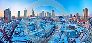 WARSAW, POLAND - JANUARY 31, 2021: Beautiful panoramic aerial drone view on Warsaw City Skyscrapers, PKiN, and Varso Tower under photo