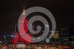 Warsaw, Poland - January 30, 2022: Museum of Modern Art in front of the Palace of Culture and Science. Night city view