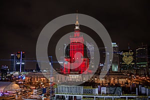 Warsaw, Poland - January 30, 2022: Museum of Modern Art in front of the Palace of Culture and Science. Night city view