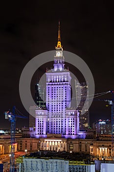 Warsaw, Poland - January 30, 2022: Museum of Modern Art in front of the Palace of Culture and Science. Night city view