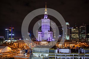 Warsaw, Poland - January 30, 2022: Museum of Modern Art in front of the Palace of Culture and Science. Night city view