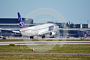 Plane LOT - Polish Airlines Boeing 737 just before landing at the Chopin airport.