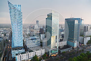 Warsaw, Poland - May 07,2016. Aerial view with InterContinental Hotel, Warsaw Financial Center and Spektrum Tower in