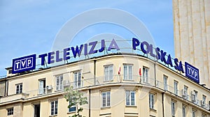 Sign Telewizja Polska TVP / Polish Television TVP. Company signboard TVP.