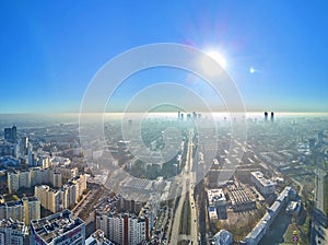 WARSAW, POLAND - NOVEMBER 17, 2018: Beautiful panoramic aerial drone view to the center of Warsaw City and Palace of Culture and