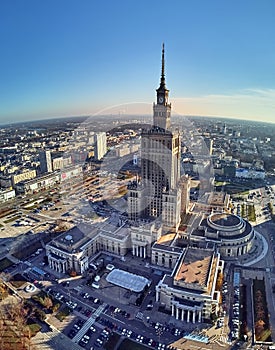 WARSAW, POLAND - NOVEMBER 20, 2018: Beautiful panoramic aerial drone view to the center of Warsaw City and Palace of Culture and