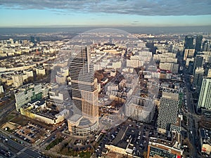 WARSAW, POLAND - NOVEMBER 27, 2018: Beautiful panoramic aerial drone view to the center of Warsaw City and The Warsaw Trade Tower