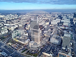 WARSAW, POLAND - NOVEMBER 27, 2018: Beautiful panoramic aerial drone view to the center of Warsaw City and The Warsaw Trade Tower