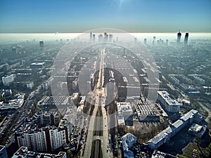 WARSAW, POLAND - NOVEMBER 17, 2018: Beautiful panoramic aerial drone view to the center of Warsaw City and Palace of Culture and