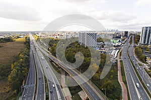 10.20.2022 Warsaw, Poland - Ostrobramska Street. Leaving the city concept. Aerial view of many roads to and from the