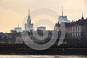 Warsaw, Poland - panorama of a city skyline and Old Town. Cityscape view of Warsaw with skyscrapers. Sunny day over the river
