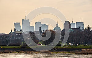 Warsaw, Poland - panorama of a city skyline and Old Town. Cityscape view of Warsaw with skyscrapers. Sunny day over the river