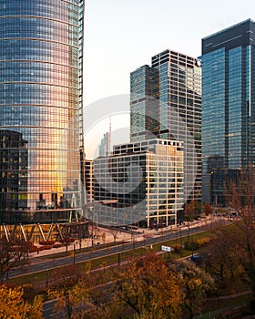 Warsaw, Poland - panorama of a city skyline at sunset. Cityscape view of Warsaw. Skyscrapers in Warsaw. Sunset in the city.