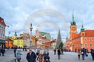 Warsaw, Poland - 03.01.2019: Royal Castle, ancient townhouses and Sigismund`s Column in Old town in Warsaw, Poland. New Year