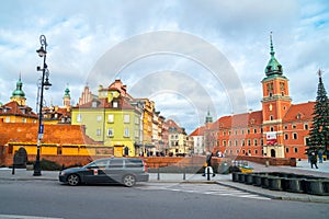 Warsaw, Poland - 03.01.2019: Royal Castle, ancient townhouses and Sigismund`s Column in Old town in Warsaw, Poland. New Year