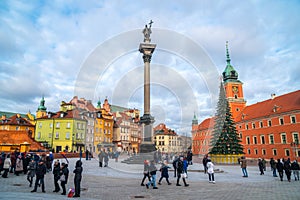 Warsaw, Poland - 03.01.2019: Royal Castle, ancient townhouses and Sigismund`s Column in Old town in Warsaw, Poland. New Year