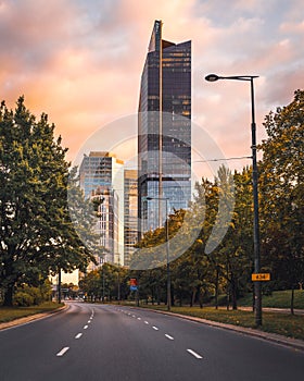 Warsaw, Poland - a view of a skyscraper in the business part of the city. Office buildings in the Center of Warsaw.