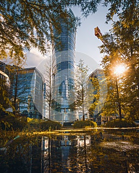 Warsaw, Poland - a view of a skyscraper in the business part of the city. Office buildings in the Warsaw. Sunset in the city