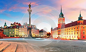 Warsaw, Royal castle and old town at sunset, Poland