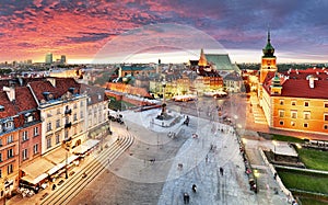 Warsaw, Royal castle and old town at sunset, Poland