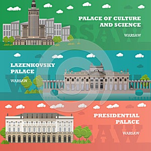 Warsaw tourist landmark banners. Vector illustration with Poland famous buildings. Travel concept.