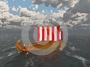 Warship of ancient Greece in the open sea