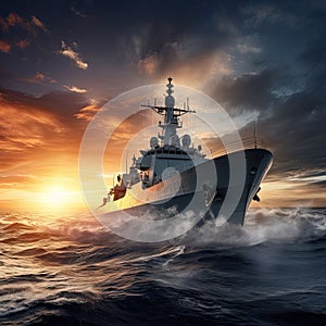 Warship frigate on the high seas. Threat. War, military maneuvers