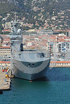 Warship parked in seaport. Toulon, France