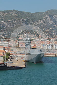 Warship in port parking lot. Toulon, France