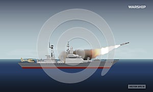 Warship shooting a rocket. Military ship and a missile on sea background. News image about the armed conflict