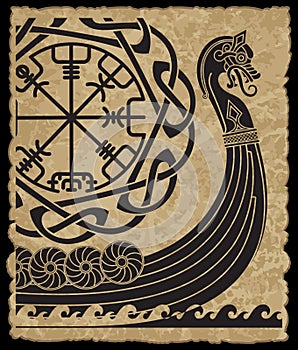 Warship of the Vikings. Drakkar, ancient scandinavian pattern and norse runes