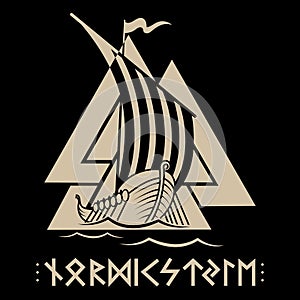Warship of the Vikings. Drakkar, ancient scandinavian pattern and norse runes