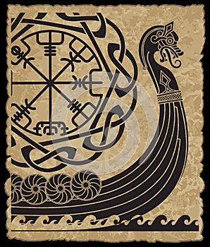 Warship of the Vikings. Drakkar, ancient scandinavian pattern and norse runes photo