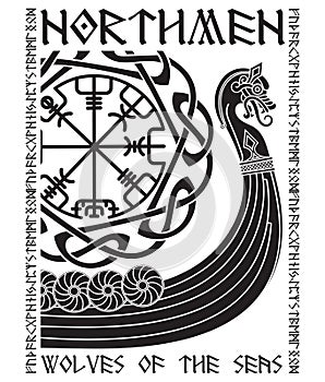 Warship of the Vikings. Drakkar, ancient scandinavian pattern and norse runes