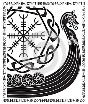 Warship of the Vikings. Drakkar, ancient scandinavian pattern and norse runes photo