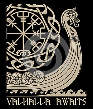 Warship of the Vikings. Drakkar, ancient scandinavian pattern and norse runes