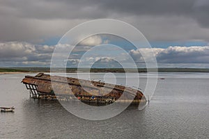 Warship wreck near Weddell Bay in Orkneys, Scotland.