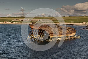 Warship wreck near Weddell Bay in Orkneys, Scotland.