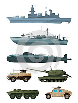 Warships and armored vehicles of land forces. Military transport support