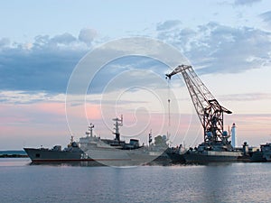 Warships in harbor. White nights