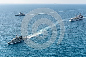 3 warships of Royal Thai Navy and Royal Australian Navy sail in the sea during AusThai 2019