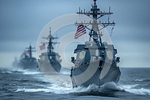 Warships with US flag at sea