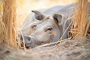 warthog snuggling in dry savanna brush