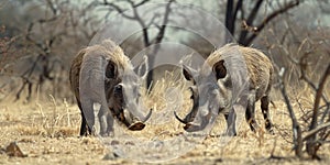 Warthogs on dry grass