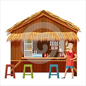 Warung street cafe restaurant with seller man, small family owned busines, store shop. Vector isolated cartoon style photo