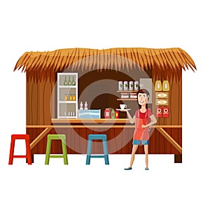 Warung street food cafe restaurant with seller man, small family owned busines, store shop. Vector isolated cartoon photo