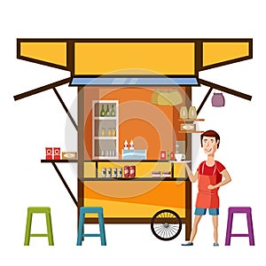 Warung street food cart with seller man cafe restaurant small family owned busines, store shop. Vector isolated cartoon photo