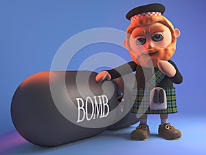 Wary Scottish man in kilt stands next to an atomic bomb, 3d illustration